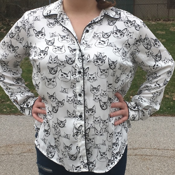 cat print button down shirt